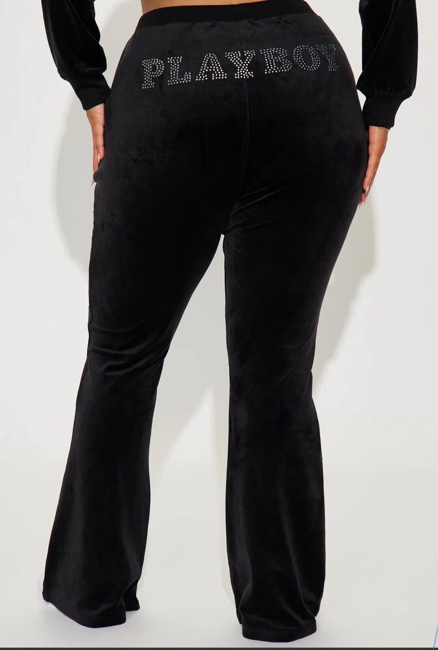 Playboy Rhinestone Velour Flare Pants Black Women L NWT Y2K